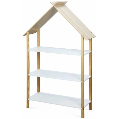 Alice's Garden Children's Bookcase, 3 Shelves And Roof - 79x28x130cm - Tobias - Natural Pine, White