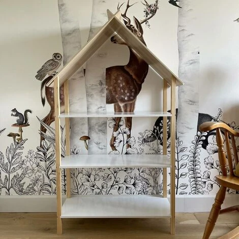 Alice's Garden Children's Bookcase, 3 Shelves And Roof - 79x28x130cm - Tobias - Natural Pine, White - Image 3
