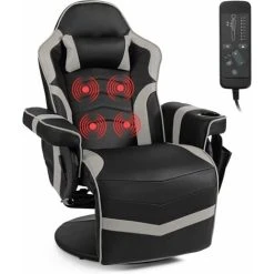 COSTWAY Massage Gaming Chair, Ergonomic High Back Swivel Racing Chair With Footrest, Headrest And Cup Holder, PU Leather Adjustable Recliner Computer Desk Chairs (Grey)