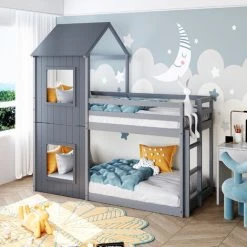 ModernLuxe Bunk Bed House Bed 3FT Treehouse Cabin Bed Frame With Treehouse Canopy & Ladder Grey