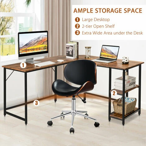Gymax L-Shaped Desk W/ 2-Teir Storage Shelf Premium Metal Frame & Solid Footrest - Image 3