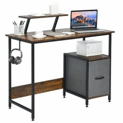 COSTWAY Computer Desk With Side Storage Drawer, Movable Monitor Stand And Hook, Industrial PC Laptop Table Writing Workstation, Home Office Bedroom Work Study Desk