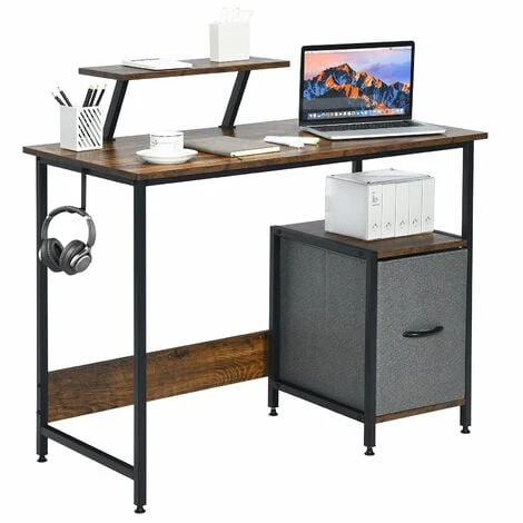 COSTWAY Computer Desk With Side Storage Drawer, Movable Monitor Stand And Hook, Industrial PC Laptop Table Writing Workstation, Home Office Bedroom Work Study Desk