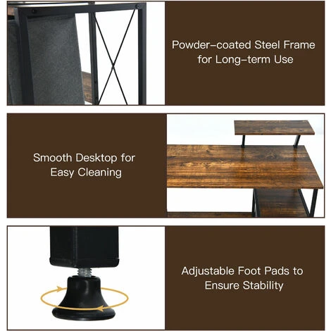 COSTWAY Computer Desk With Side Storage Drawer, Movable Monitor Stand And Hook, Industrial PC Laptop Table Writing Workstation, Home Office Bedroom Work Study Desk - Image 3