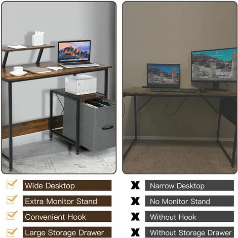 COSTWAY Computer Desk With Side Storage Drawer, Movable Monitor Stand And Hook, Industrial PC Laptop Table Writing Workstation, Home Office Bedroom Work Study Desk - Image 5