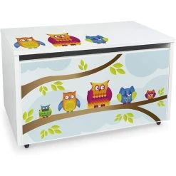 Leomark Large Wheeled Wooden Toy Box For With Stool Seat - Owls