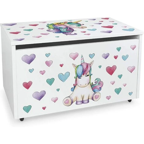 Leomark Large Wheeled Wooden Toy Box For With Stool Seat - Unicorn