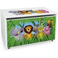 Leomark Large Wheeled Wooden Toy Box For With Stool Seat - Jungle Animals