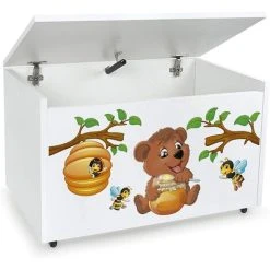 Leomark Large Wheeled Wooden Toy Box For With Stool Seat - Bear And Bees