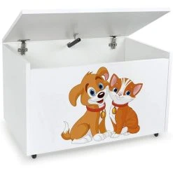 Leomark Large Wheeled Wooden Toy Box For With Stool Seat - Cat And Dog