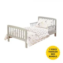 Kinder Valley 7 Piece Sydney Grey Toddler Bed Bundle With Kinder Flow Mattress Safari Friends Bedding Set | Kids Bed And Children's Bed