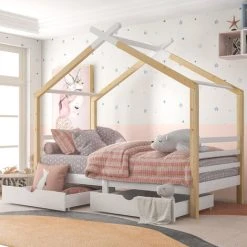 ModernLuxe 3 FT Single Bed Frame Kid House Bed With Storage Two Drawers Tree House Solid Pine Wood 90x190 Cm White And Natural