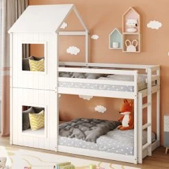 ModernLuxe Bunk Bed House Bed 3FT Cabin Bed Frame, Mid-Sleeper With Treehouse Canopy & Ladder White
