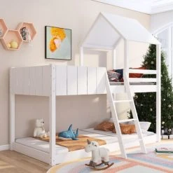 ModernLuxe Bunk Bed Loft Bed House Bed 3 FT Kids Single Cabin Bed With Ladder And Guard Rail White 90x190 Cm