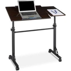 Relaxdays XXL Laptop Table Height Adjustable, 110 X 100 X 50 Cm, Wood, Mobile Lecturn, Wheels With Brakes, Notebooks, Projecters, Laptops, 2 Surfaces, Ebony Black