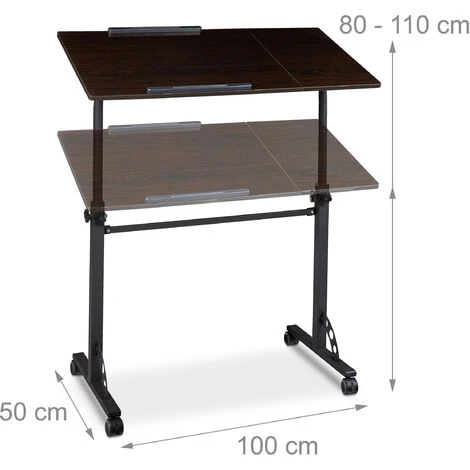 Relaxdays XXL Laptop Table Height Adjustable, 110 X 100 X 50 Cm, Wood, Mobile Lecturn, Wheels With Brakes, Notebooks, Projecters, Laptops, 2 Surfaces, Ebony Black - Image 3