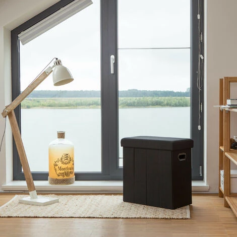 Relaxdays Folding Ottoman, HxWxD: 49.5 X 46 X 25.5 Cm, With Storage, Foldable Footstool, Linen, Polyester, MDF, Black - Image 2