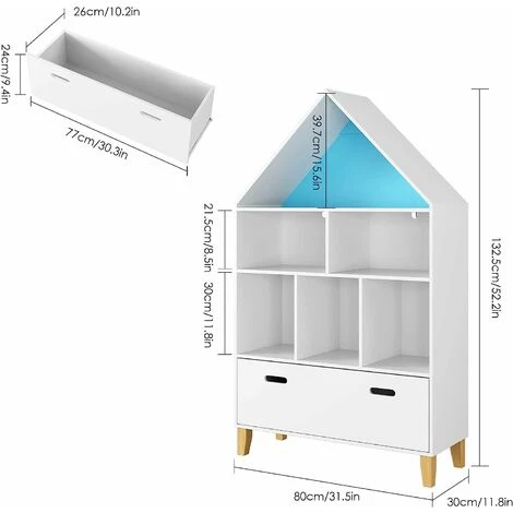 FURCHEN Toy Box Storage Triangle Kids Bookshelf Toy Storage Unit Childrens Bookcase White Toy Organiser With Drawers For Children's Room Playroom 8030132.5cm - Image 2