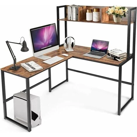 COSTWAY L-Shaped Computer Desk, Industrial Large 2-Person Corner Writing Workstation PC Laptop Table With Storage Bookshelf, Home Office Work Study Gaming Desk (Rustic Brown)