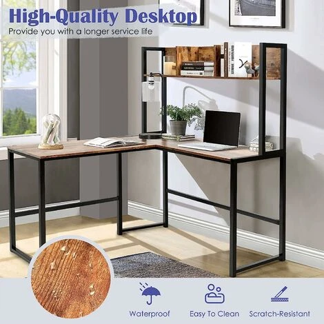 COSTWAY L-Shaped Computer Desk, Industrial Large 2-Person Corner Writing Workstation PC Laptop Table With Storage Bookshelf, Home Office Work Study Gaming Desk (Rustic Brown) - Image 2