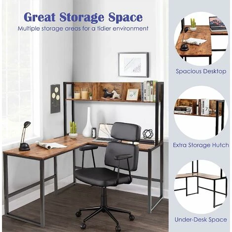 COSTWAY L-Shaped Computer Desk, Industrial Large 2-Person Corner Writing Workstation PC Laptop Table With Storage Bookshelf, Home Office Work Study Gaming Desk (Rustic Brown) - Image 3