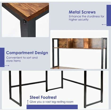 COSTWAY L-Shaped Computer Desk, Industrial Large 2-Person Corner Writing Workstation PC Laptop Table With Storage Bookshelf, Home Office Work Study Gaming Desk (Rustic Brown) - Image 4