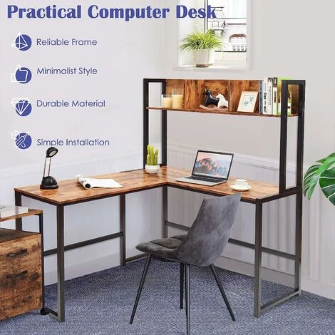 COSTWAY L-Shaped Computer Desk, Industrial Large 2-Person Corner Writing Workstation PC Laptop Table With Storage Bookshelf, Home Office Work Study Gaming Desk (Rustic Brown) - Image 5