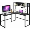 COSTWAY L-Shaped Computer Desk, Industrial Large 2-Person Corner Writing Workstation PC Laptop Table With Storage Bookshelf, Home Office Work Study Gaming Desk (Black)