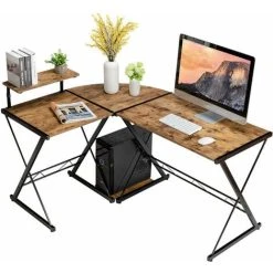 Costway L-Shaped Corner Computer Desk PC Table Workstation W/ Monitor Stand & Host Tray