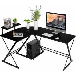 Costway L-Shaped Corner Computer Desk PC Table Workstation W/ Monitor Stand & Host Tray