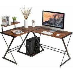 Costway L-Shaped Corner Computer Desk PC Table Workstation W/ Monitor Stand & Host Tray