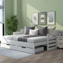 FYFAMILY Wooden Daybed With Trundle And Drawer, 3 Ft Single Guest Bed For Living Room And Bedroom 90 X190 Cm White