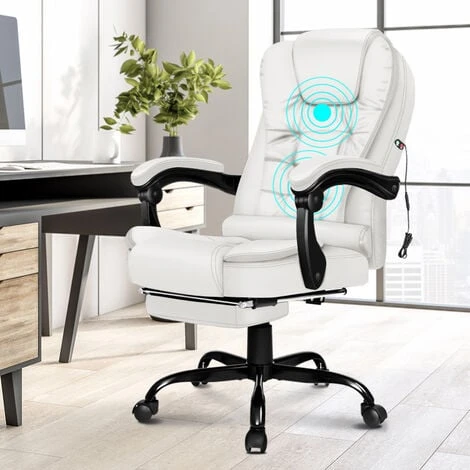 ELFORDSON Massage Office Chair With Footrest Executive Gaming Seat Leather White