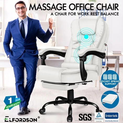 ELFORDSON Massage Office Chair With Footrest Executive Gaming Seat Leather White - Image 2
