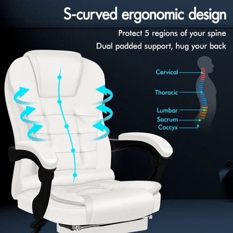 ELFORDSON Massage Office Chair With Footrest Executive Gaming Seat Leather White - Image 3