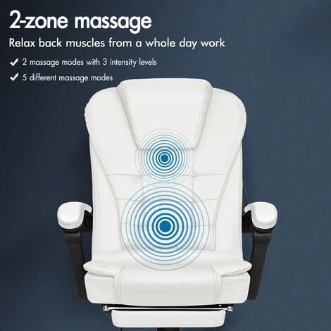 ELFORDSON Massage Office Chair With Footrest Executive Gaming Seat Leather White - Image 4