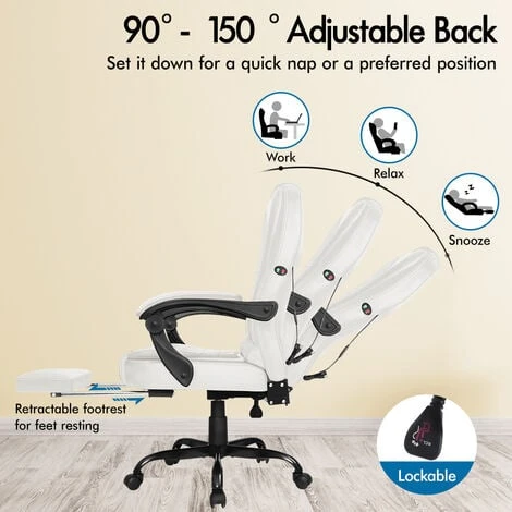 ELFORDSON Massage Office Chair With Footrest Executive Gaming Seat Leather White - Image 5