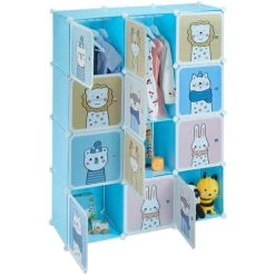 Relaxdays Plug-in Shelving Unit For Children, 2 Clothes Rods, Doors With Animals, HWD: 145x110x37 Cm, DIY Wardrobe, Blue