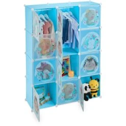 Relaxdays Plug-in Shelving Unit For Children, 2 Clothes Rods, Doors With Animals, HWD: 145x110x37 Cm, DIY Wardrobe, Blue