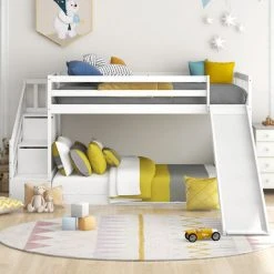 ModernLuxe Bunk Bed With Stairs, Slide And Storage, Mid Sleeper, 90x190cm Children Bed 2 Drawers In The Steps, White