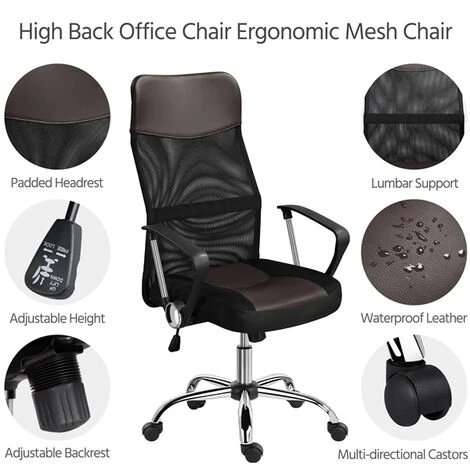 Yaheetech High Back Office Chair Executive Leather Chair Elastic Mesh Chair, Brown - Image 4