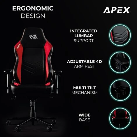 Game Over Apex Gaming Desk Chair, Ergonomically Designed Seating, Premium PU Leather With 4D Adjustable Arm Rest And Height, Additional Lumbar Support, Red - Image 3
