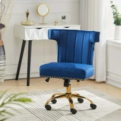 Livingandhome Velvet Swivel Office Task Chair With Nailhead Trim, Blue
