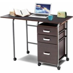Costway Folding Computer Desk Wheeled PC Laptop Table Writing Workstation With 3 Drawers