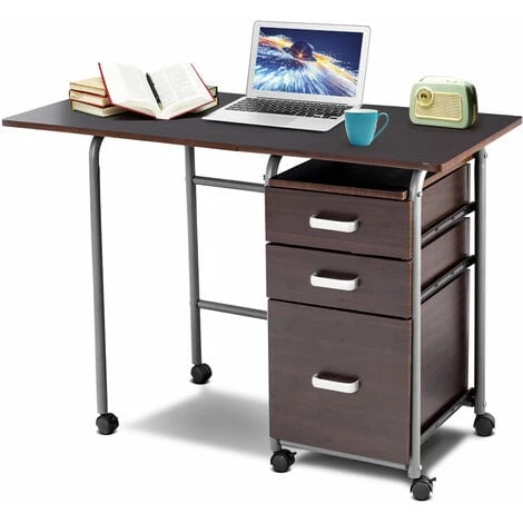 Costway Folding Computer Desk Wheeled PC Laptop Table Writing Workstation With 3 Drawers