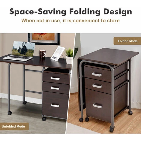 Costway Folding Computer Desk Wheeled PC Laptop Table Writing Workstation With 3 Drawers - Image 3