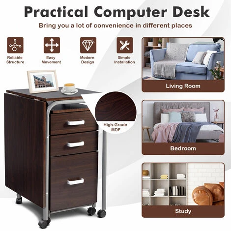 Costway Folding Computer Desk Wheeled PC Laptop Table Writing Workstation With 3 Drawers - Image 4