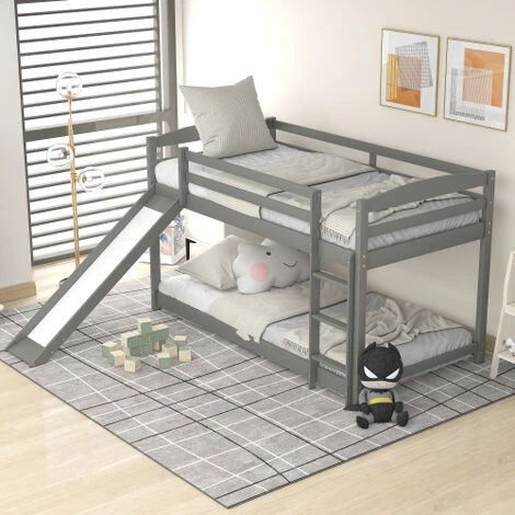 FYFAMILY Children Bunk Bed, Wooden Bed Frame, Sleeper Bedstead With Slide, Ladder And Safety Guardrail, For Kids Teenagers Bedroom 90 X 190 Cm Gray