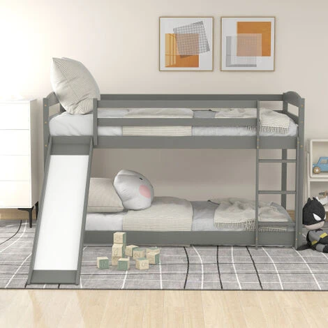 FYFAMILY Children Bunk Bed, Wooden Bed Frame, Sleeper Bedstead With Slide, Ladder And Safety Guardrail, For Kids Teenagers Bedroom 90 X 190 Cm Gray - Image 2