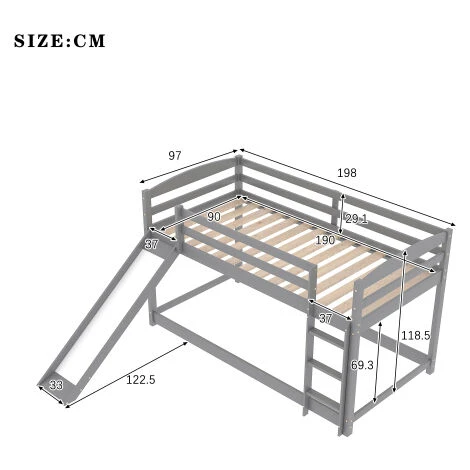 FYFAMILY Children Bunk Bed, Wooden Bed Frame, Sleeper Bedstead With Slide, Ladder And Safety Guardrail, For Kids Teenagers Bedroom 90 X 190 Cm Gray - Image 5